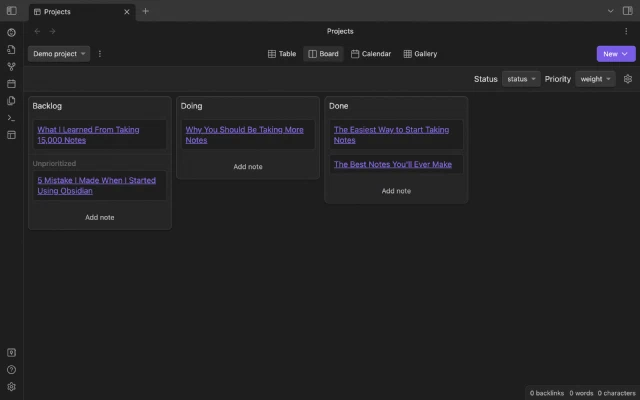 screenshot of the board view