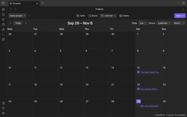 screenshot of the calendar view