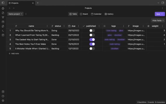 screenshot of the table view