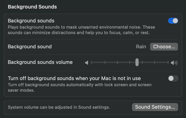 Settings for Background Sounds on macOS.