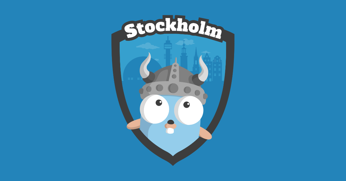 gopher with a viking helmet in front of the stockholm skyline
